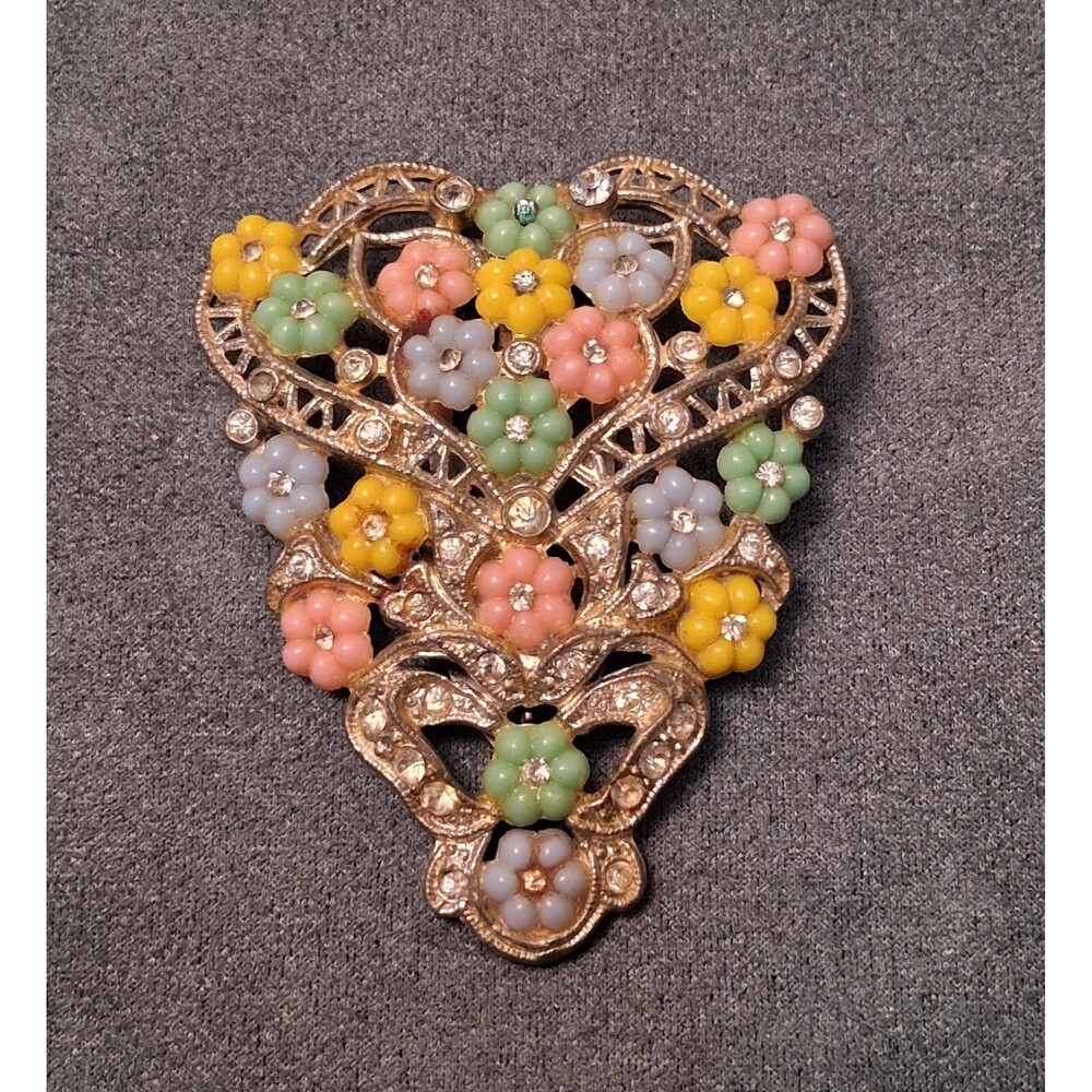 Vintage Rhinestone Molded Flowers Dress Clip